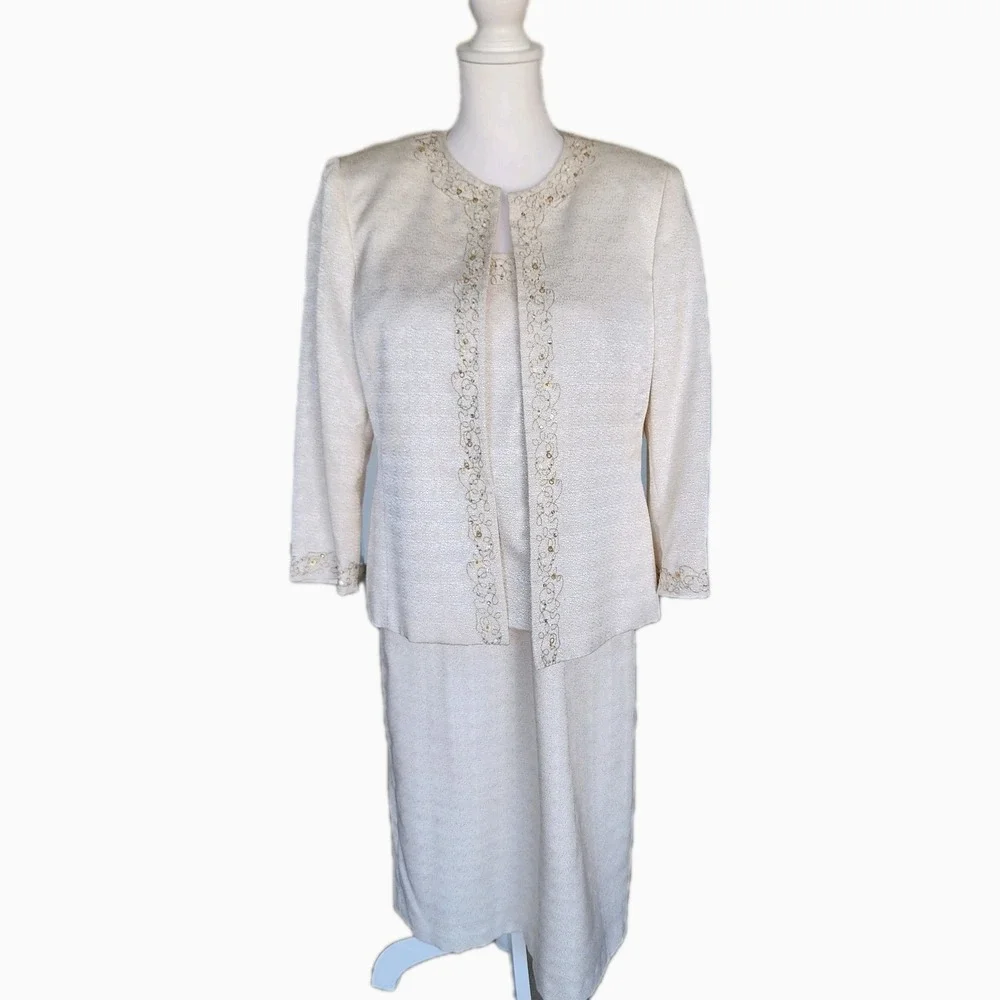 Vintage Kasper 3pc Skirt Suit Womens 10 Cream Jacket Shell Skirt Beading Wedding